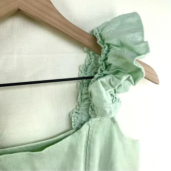 ANTHROPOLOGIE Puff Sleeve Cropped Tank Top Size L Mint Cottagecore Ribbed Cotton - Picture 3 of 11